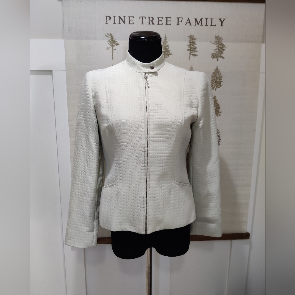 Louben Canada Textured Zip Up Blazer Jacket Light Grey White Size 2